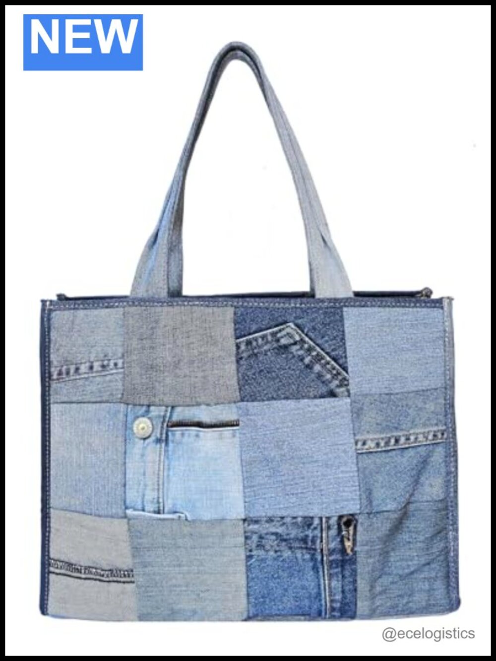 Upcycled Denim Patchwork Tote Bag Handmade Quilted Jean Purse Large Vintage Top